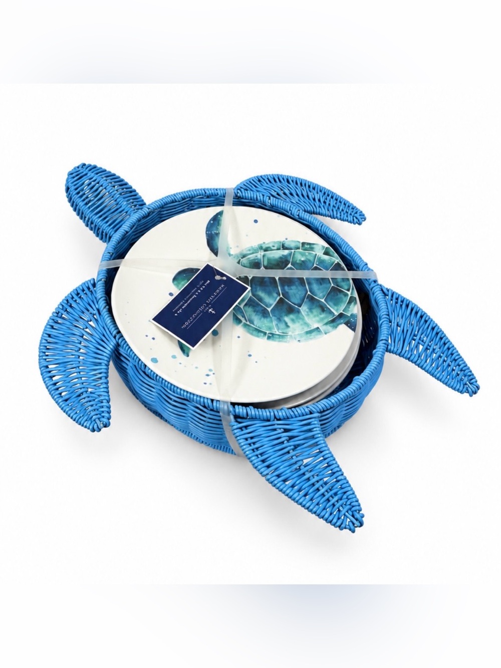 Hampton Collection Sea Turtle Melamine Plates (Set of 4 - 8.5”) w/Wicker Basket